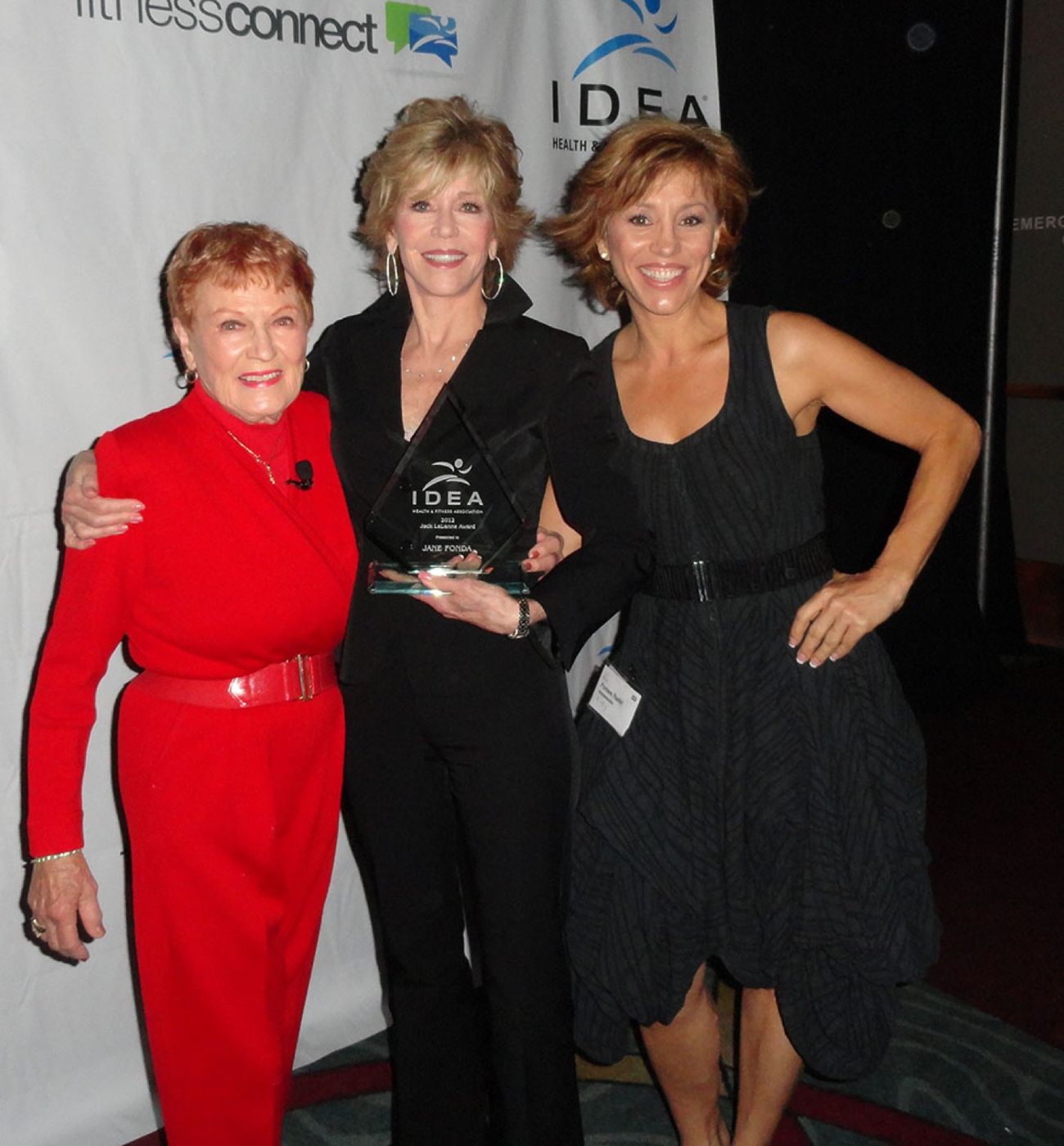 Forbes with Elaine LaLanne and Jane Fonda at a fitness awards event